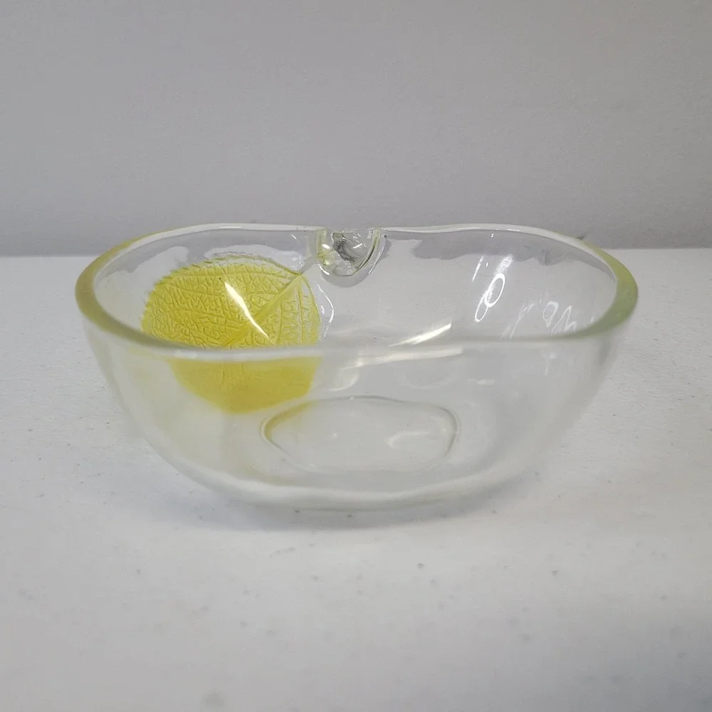 Vintage Apple Shaped Clear Glass Small Bowl Yellow Leaf‎ Detail Trinket Dish
